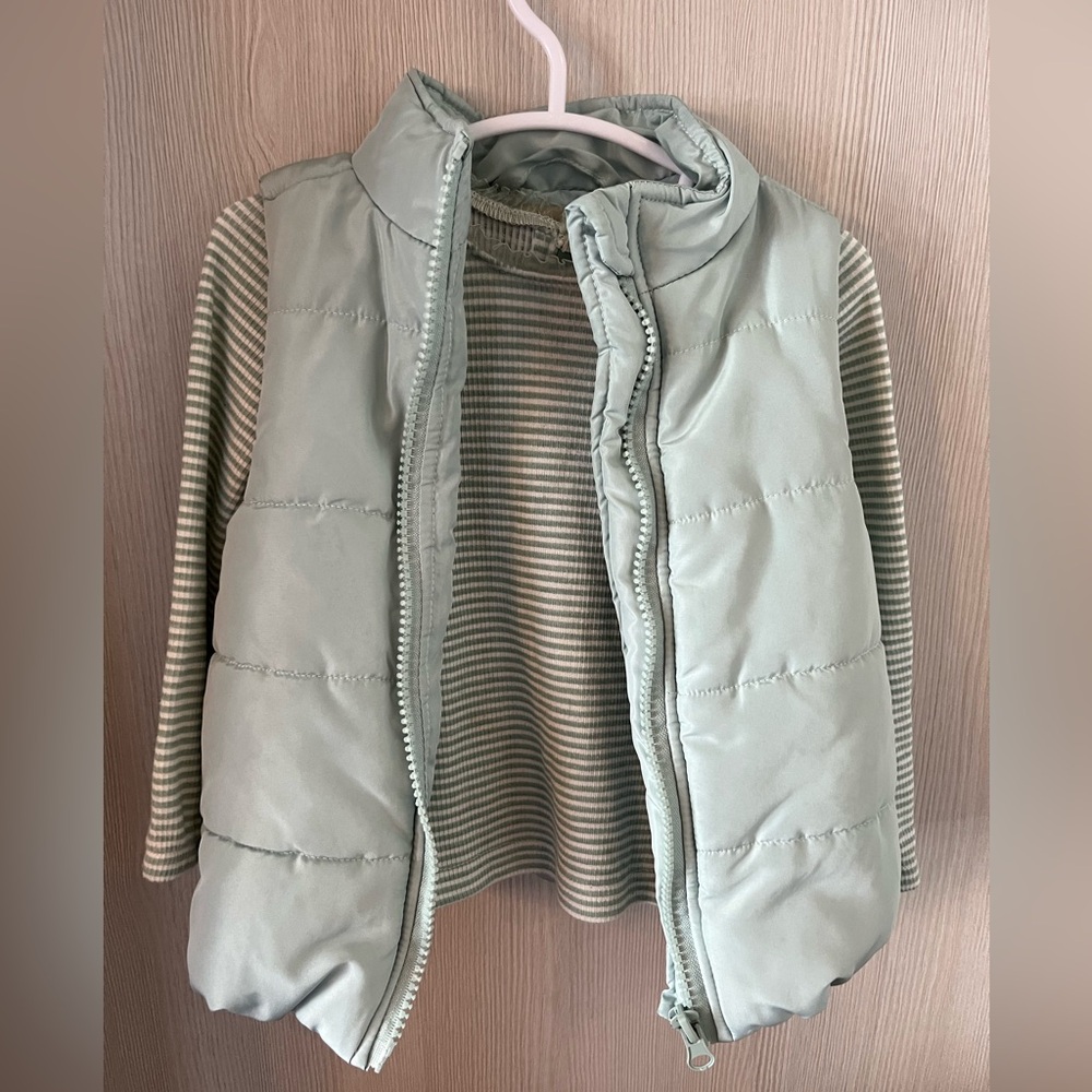 Mint Green Puffer Vest with Striped Shirt
